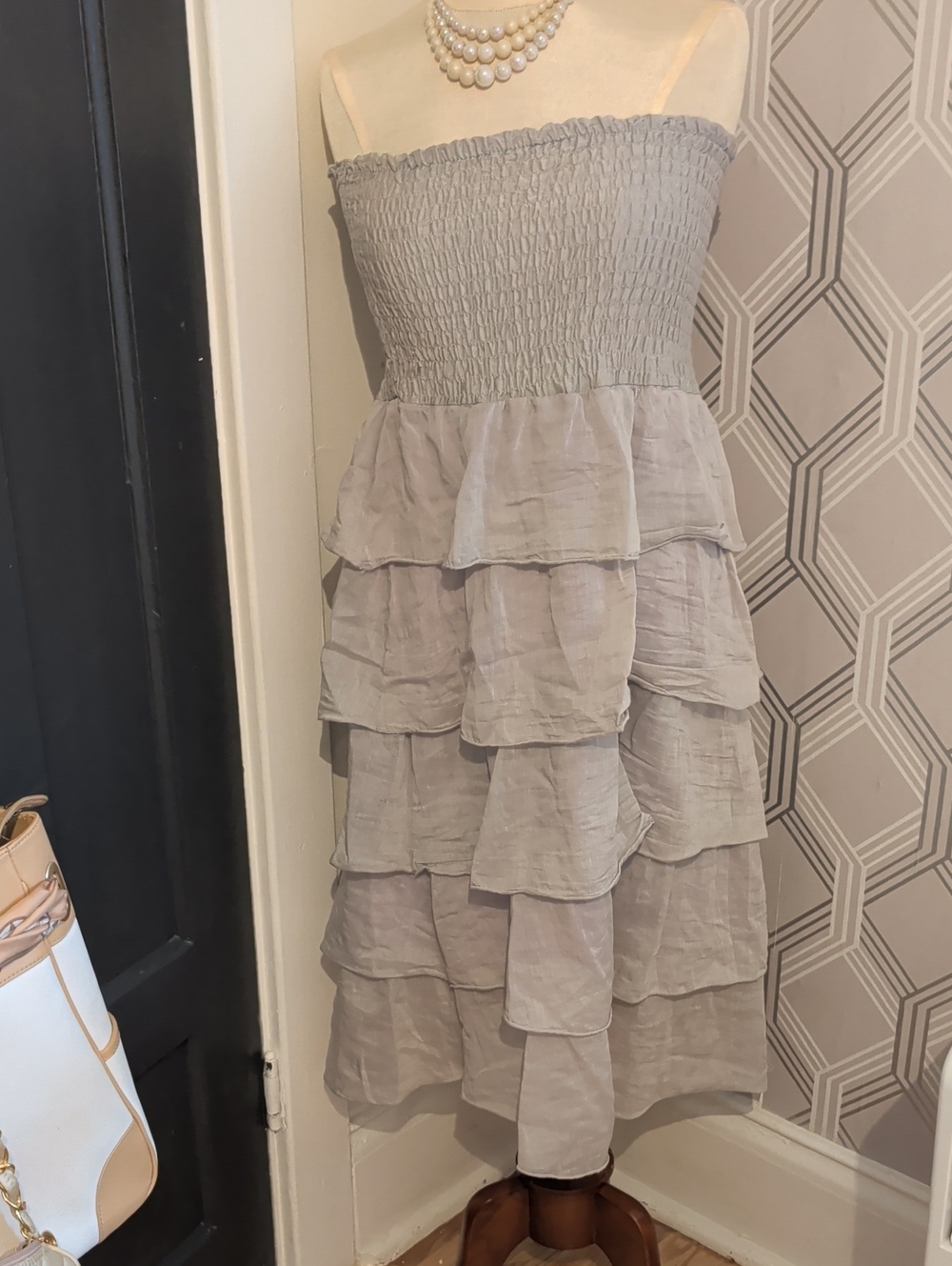 Elan Strapless Tiered Ruffle Dress in Light Gray